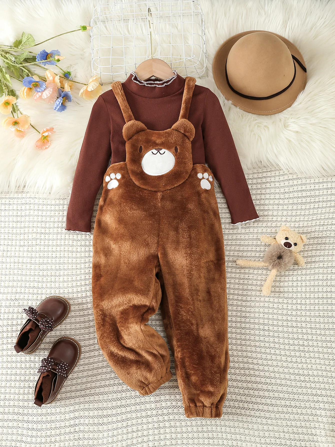 Antumn and Winter 2 Pcs Long Sleeve Tops+ Cute Cartoon Plush Bear Overalls Jumpsuit Clothes For Girls