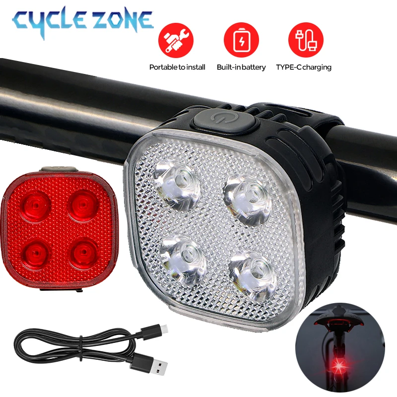 4 Modes Bicycle Front Light Rear Light  Type-C Charging Headlight Light Mountain Road Bike Front Rear Lamp Set Easy to Install