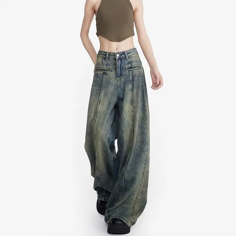 Korean Retro Jeans Female Design Sense High Waist Straight Leg Wide Leg Pants Floor Length Pants Baggy Jeans Y2k Jeans