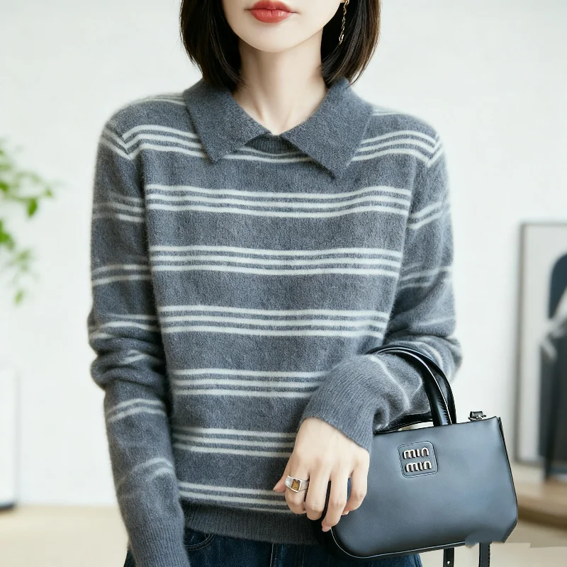 

100% Merino Wool Lapel Striped Long-Sleeve Pullover Minimalist Versatile Sweater Women Autumn Winter Soft Warm Cashmere Knitwear