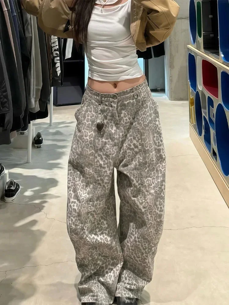 Damskie jeansy w panterkę, odzież streetwear, moda Y2k, spodnie koreańskie, pantalon femme, grube, luźne spodnie dżinsowe casual