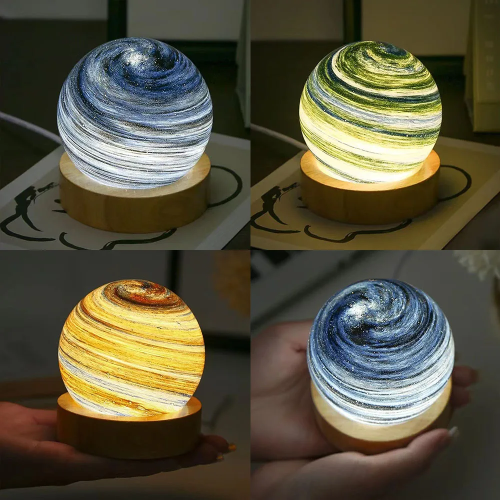 Planets Night Lamp With Wooden Base Personalized Delicate Bedside Lamp For Home Desktop
