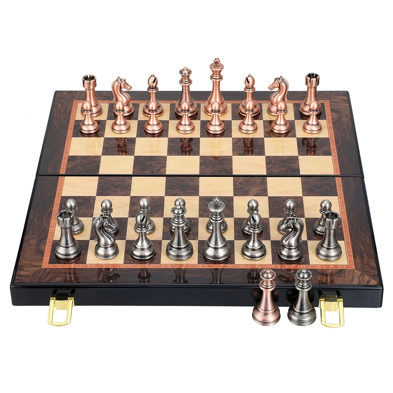 

High-end metal chess set 38cm/15inch folding chessboard lacquered metal zinc alloy chess pieces, including 2 additional queens