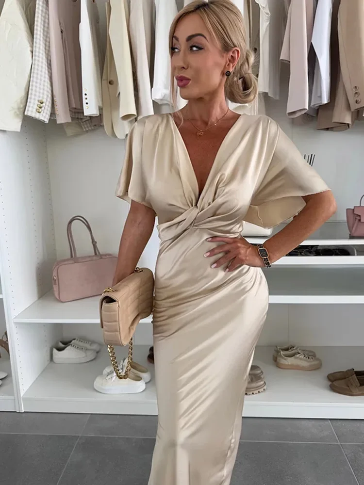 أنيقة الساتان الخامس الرقبة قصيرة الأكمام ماكسي فساتين النساء الصلبة عالية الخصر Bodycon فستان طويل سيدة شيك حفلة الشارع فيستدوس #1