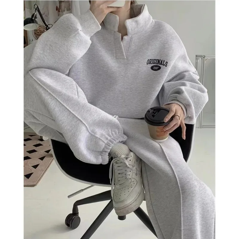 Letter Printed Two Piece Set for Women, Casual Stand Neck,Long Sleeve Sweatshirts, Female Fashion Oversized Trousers Suit, Autum