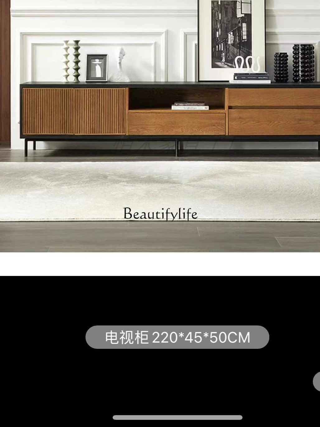 Solid Wood Color Matching TV Cabinet Vintage Walnut Color Oak Audio-Visual Floor Cabinet