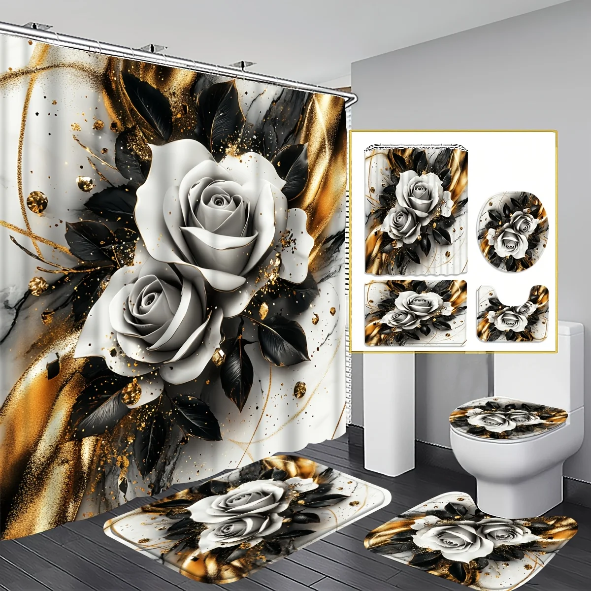 1 oder 4-teiliges Einfarbiges Rosen-Duschvorhang-Set - Schwarz-Weißes Blumen-Badezimmer-Dekor - Waschbarer Stoffvorhang und Teppiche