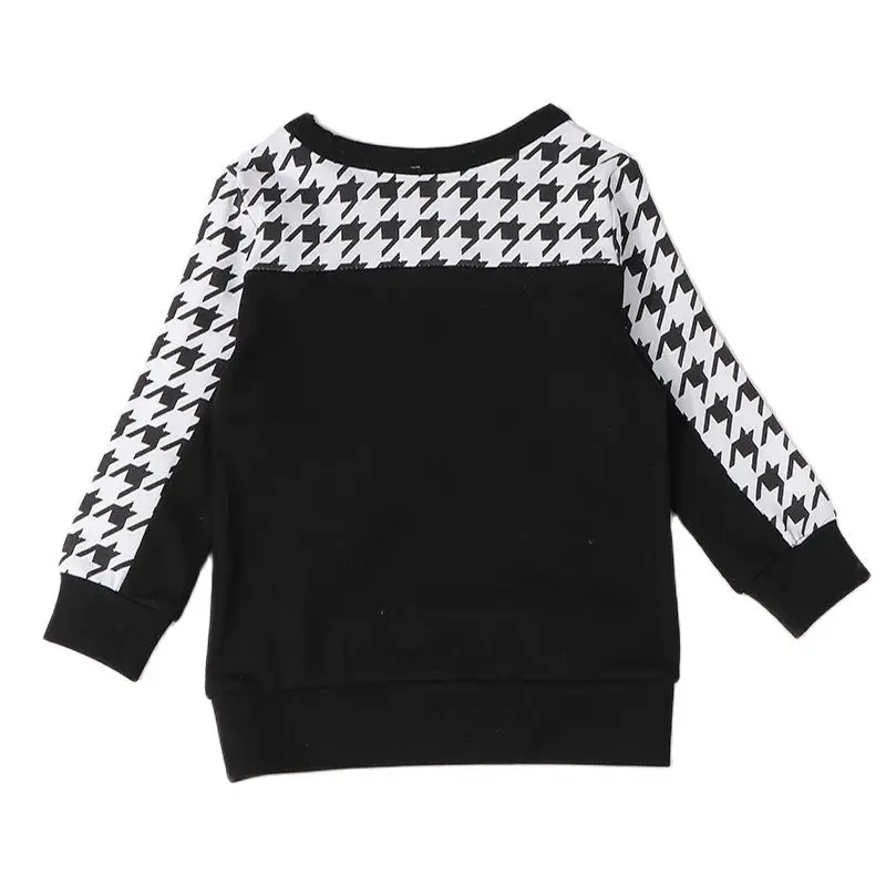 New Casual Outfit for Kids Long Sleeves Autumn Winter Contrast Houndstooth Boy Girls Clothes Autumn and Winter Children T-Shirt