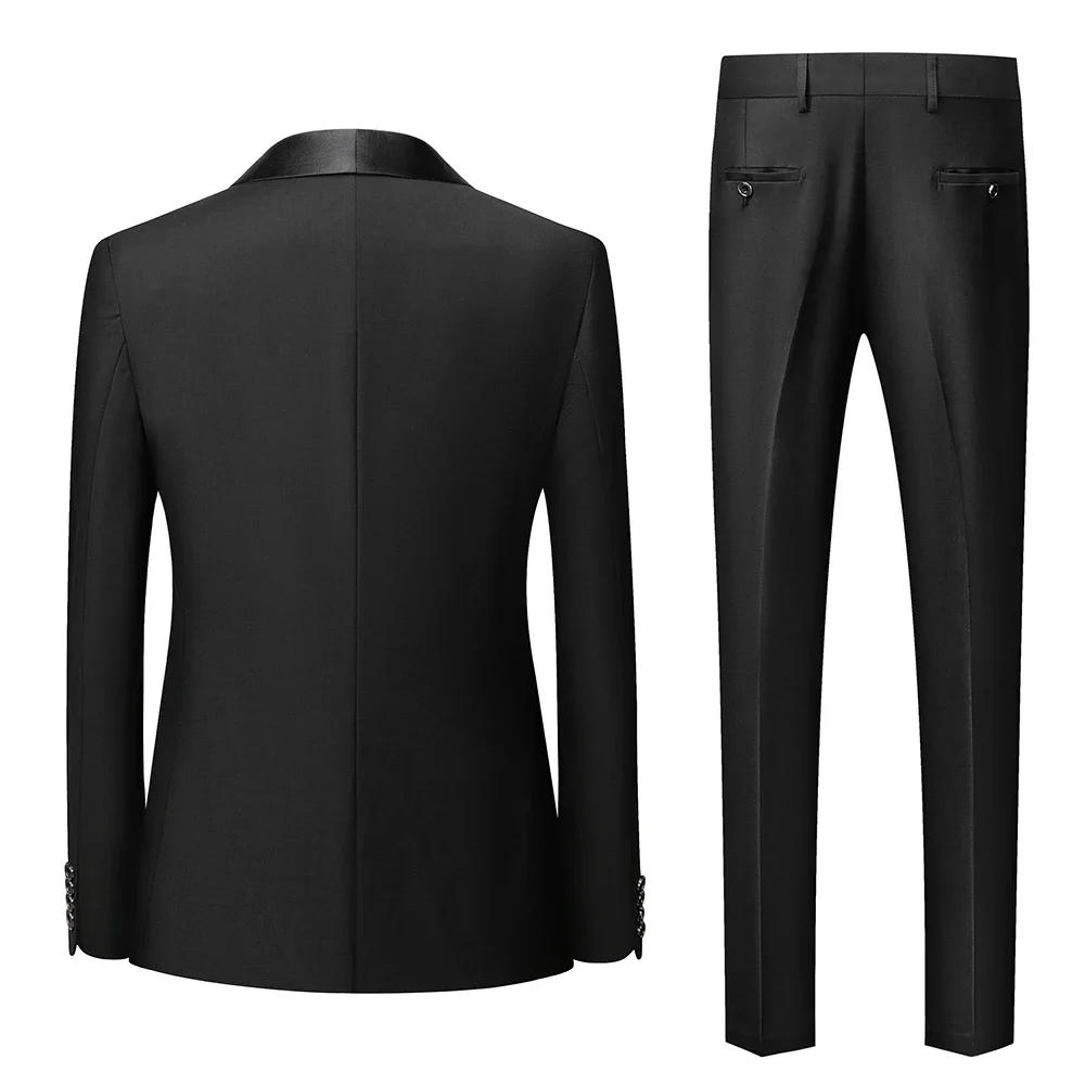 Black Men Color Block Collar Suits, Business Casual Jacket Trousers, Asian Size Blazers Coat Pants, Blue Men\'s 2 Pieces Set