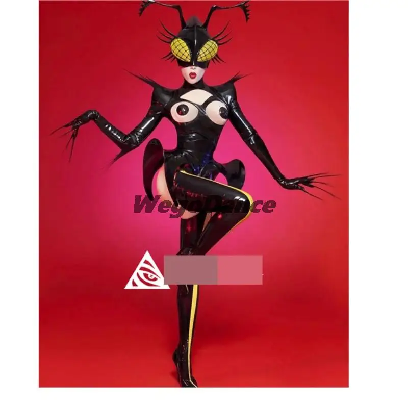 

Sexy Insect Cosplay Costume Black Bee Future Clothes Party Gogo Nightclub New Patent Leather