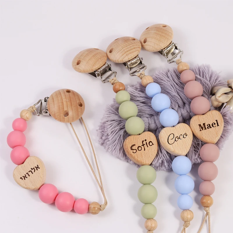 Personalized Pacifier Clip Nordic Style Mother and Baby Products Pacifier Custom Name Beech Silicone Pacifier Anti-drop Chain