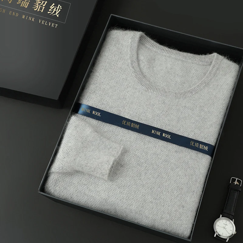 Mens Mink Wool Long Sleeve Knitted Sweaters Solid O-neck Loose Pullover Men Clothing Lightweight Soft Warm and Comfortable Top