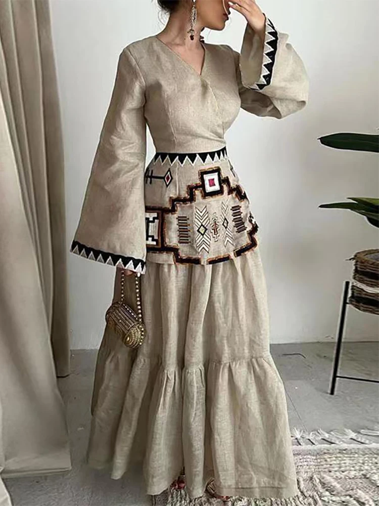 Ethnic Style Loose V Neck Dress Waist Long Sleeve Temperament Clothing Printing Long Style2024 Spring Autumn New Women Clothes