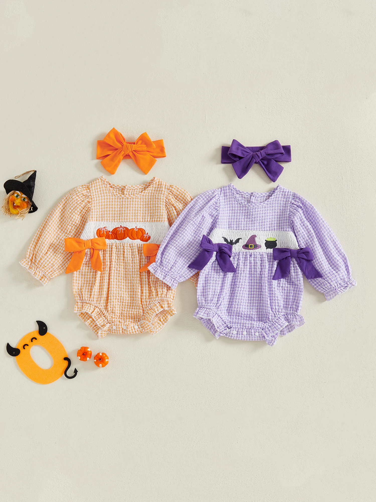 

Infant Halloween Costume Set Long Sleeve Plaid Romper with Matching Headband Baby Girl Fall Outfit for Newborns
