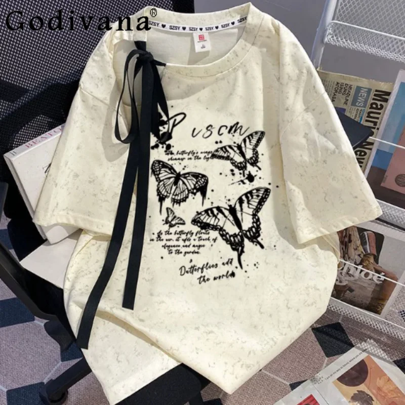 

Large Size Sweet Korean Bow Hollow Out Tie-dye Short Sleeve T-shirt Wome Summer New Loose Round Neck Versatile Printed Top