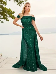 Off Shoulder Ruched Sequined Elegant Prom Gown Sleeveless Navy Green Evening Dress Floor Length