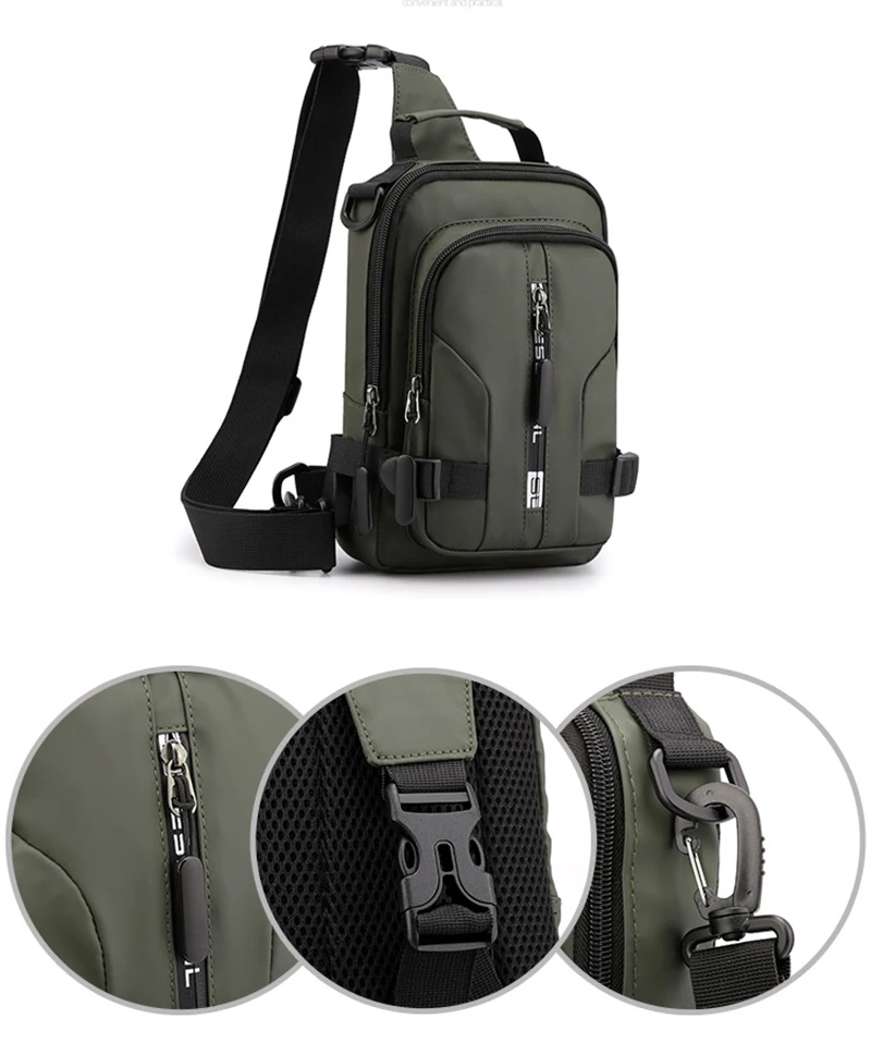 Mochila pequeña de nailon para hombre, bolso de hombro cruzado con puerto de carga USB, bolsa de pecho de mensajero lateral para viaje