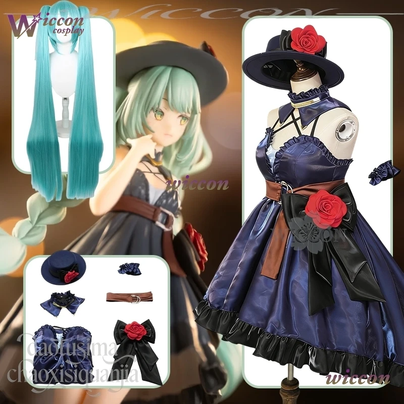 

Mikkuu Sleeveless Evening Dress Dark Blue Goth Lolita Game Project Sekai Hat Flower Twin Ponytails Christmas Party Cosplay