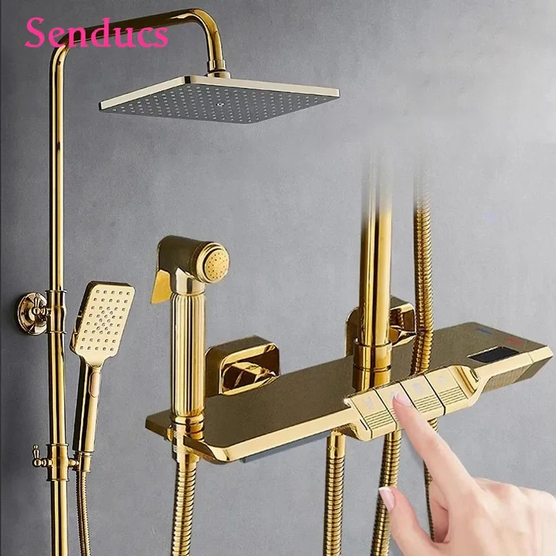 Home and Hotel  Digital Gold Rainfall Bathroom Shower System Faucet with 12 Inches ABS Shower Head Brass  Bathroom Shower Set