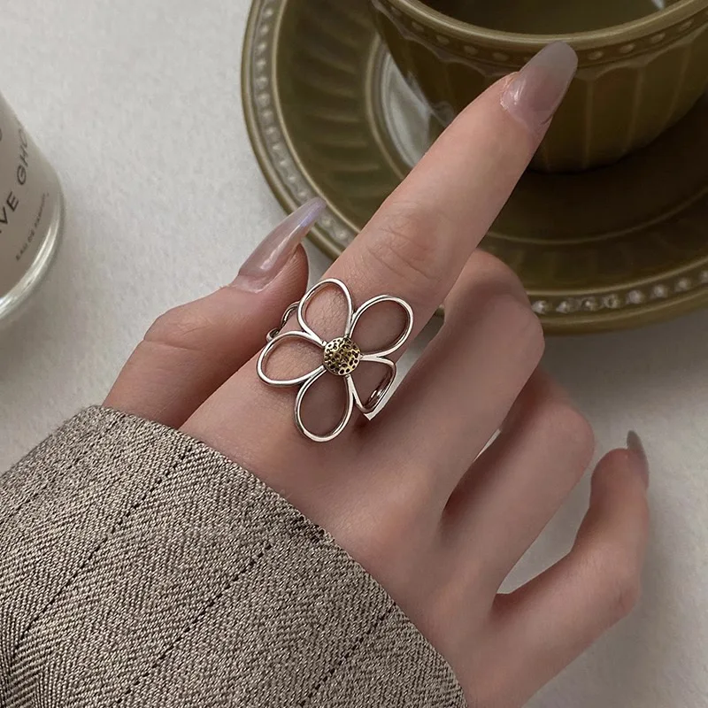 Ringe aus 925er-Sterlingsilber für Damen, Paare, minimalistisch, handgefertigt, einfacher großer Blumenring, Party-Schmuck, Geschenk, verhindert Allergien