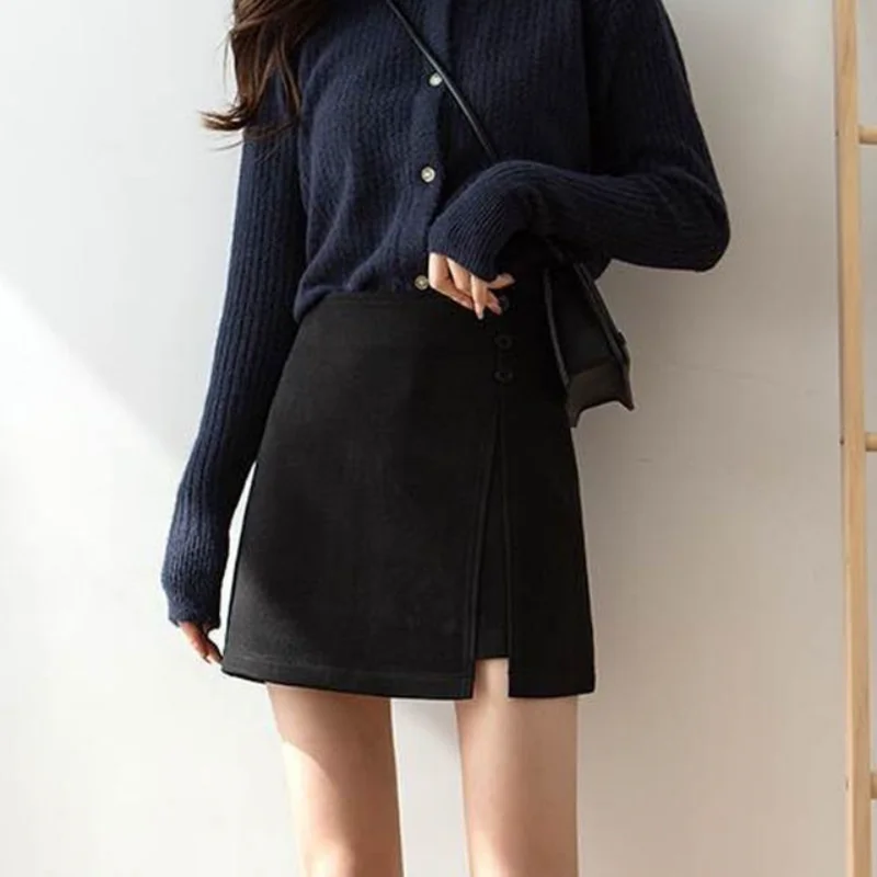 Black Woolen Skirt, Women's New Irregular A-line Skirt, Slimming and Slit High Waisted Elegant Short Skirt