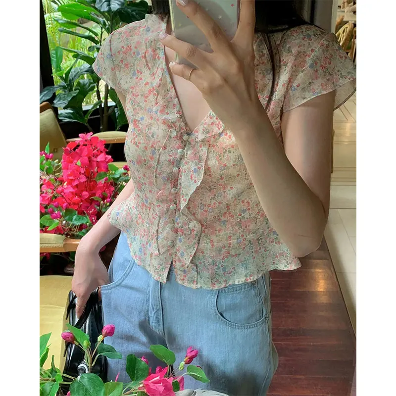 

Sweet Floral Print V-Ne ort Sve Women's irt Gauze Fabric Breathable Gentle Sle Dongda Gate Summer Collection