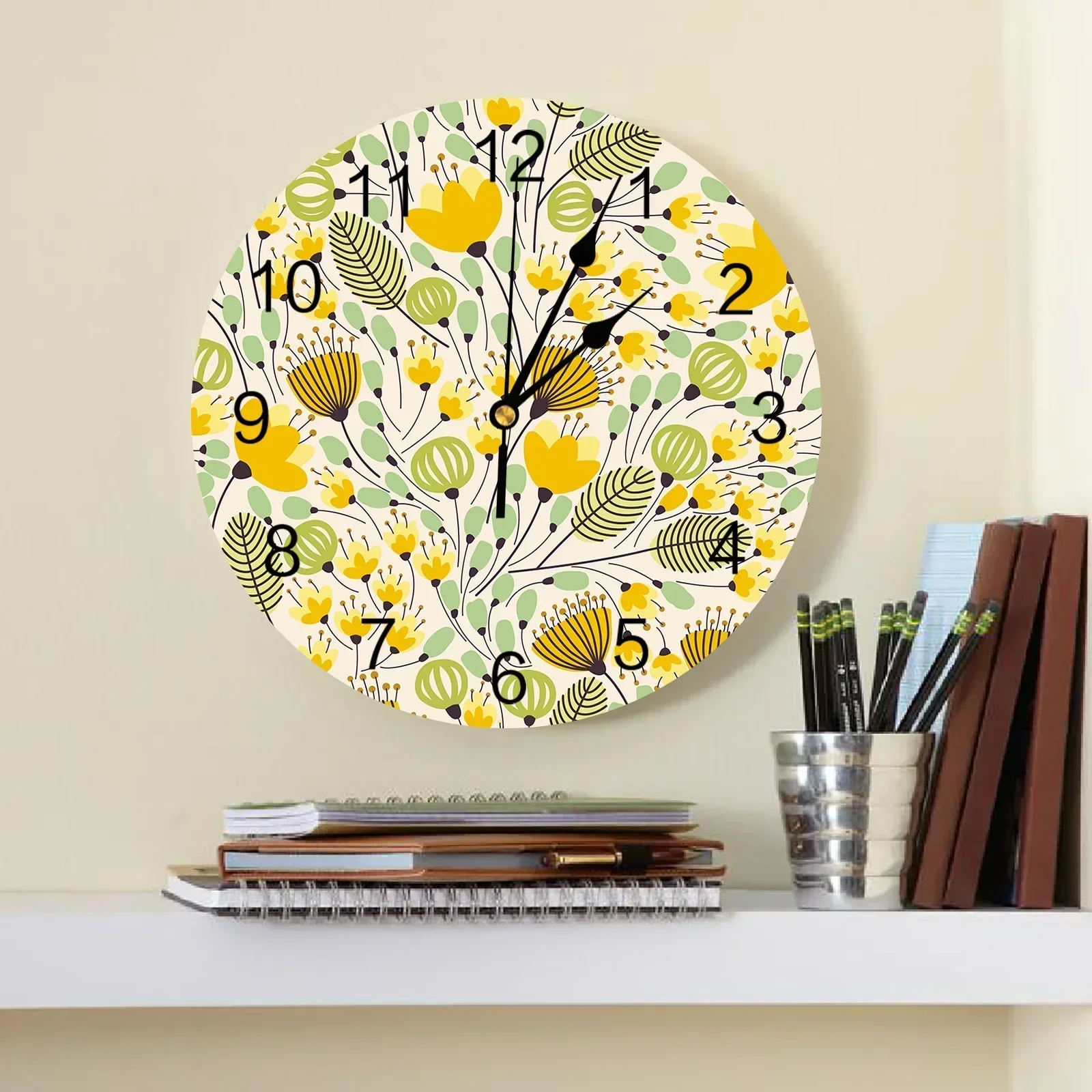 Yellow Geometric Floral Texture Wall Clock Large Modern Kitchen Dinning Round Wall Clocks Bedroom Silent Hanging Watch