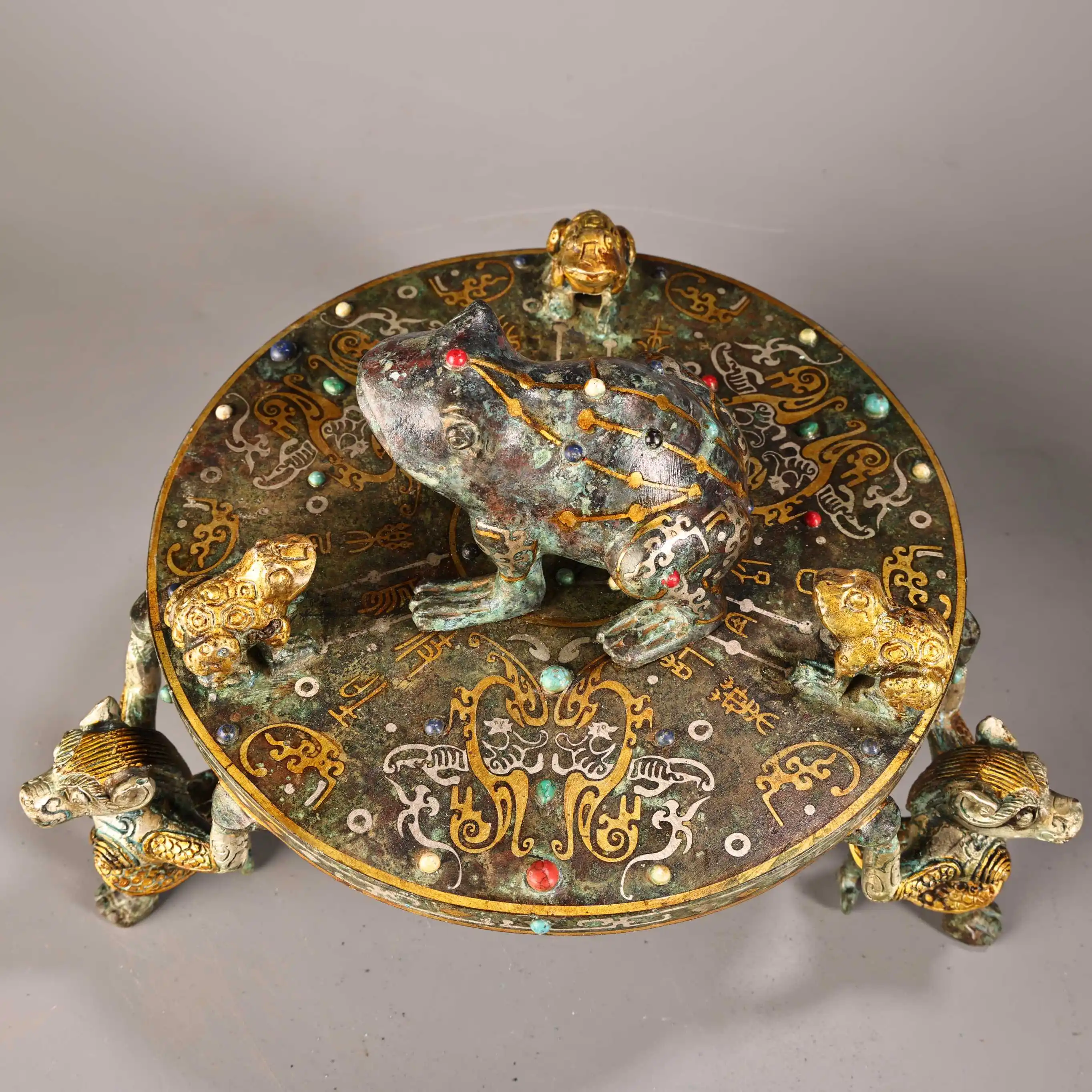 Nepalese Folk Old Bronze Gilded Mosaic Gem Inscription pattern Seven Star Golden Toad Plate Amass wealth Ornaments Town house