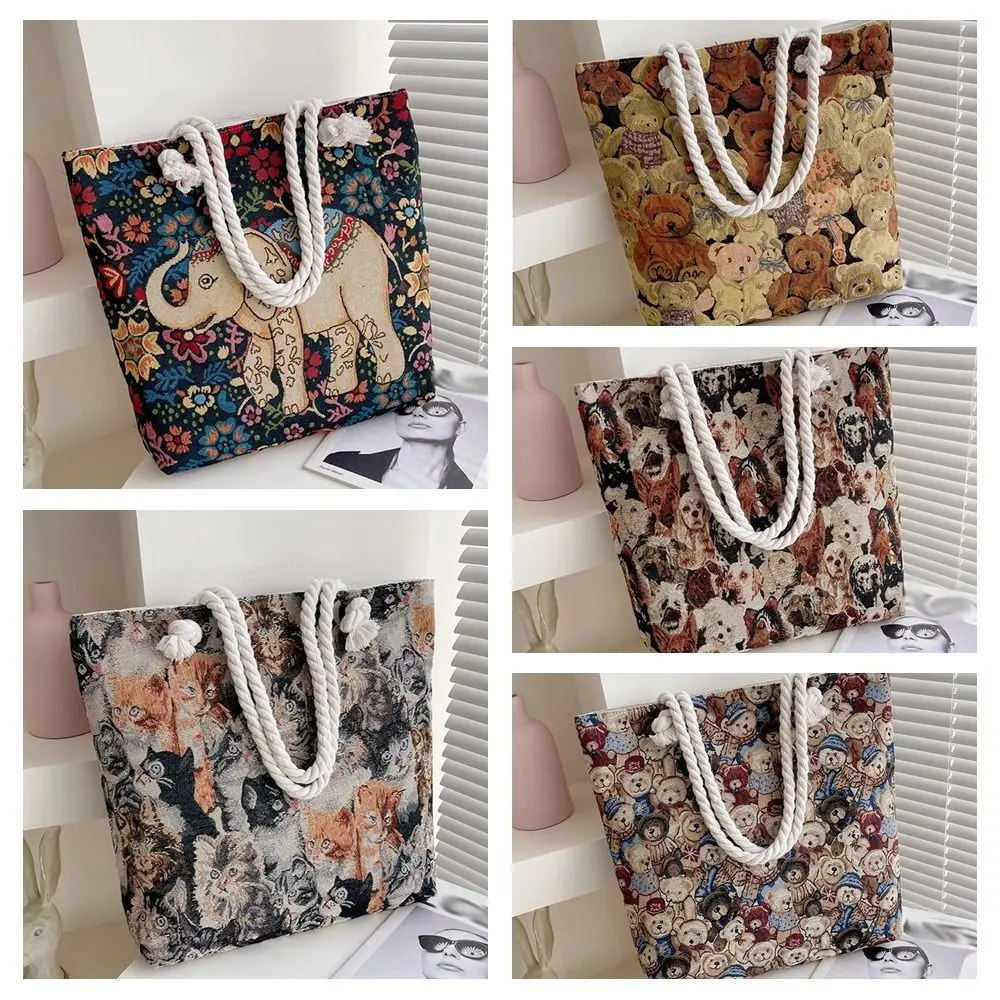 Animal Ethnic Style Handbag Vintage Handbag Embroidery Elephant Canvas Tote Bag Canvas Cat Women Shoulder Bags Grocery Handbags
