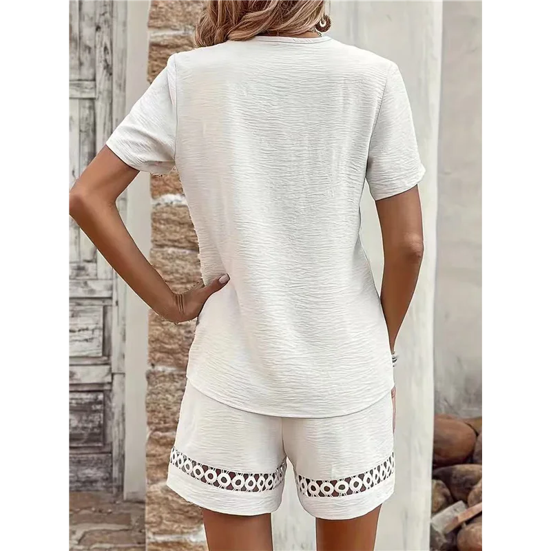 

ABP-Short Sleeve Womens 2-Piece Set Summer Loose Lace V Neck T Shirts Dressy Casual Ruffle Sleeve Tunic Blouses Shorts