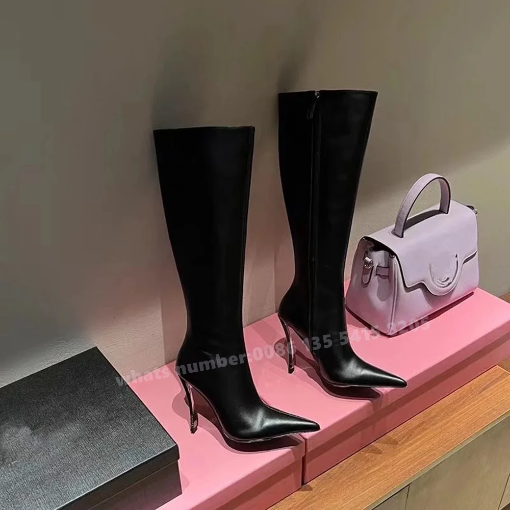 Strange Style Black Glossy Boots Pointy Toe Metal Heels Side Zipper Knee High Boots Black Winter 2025 Luxury Shoes Elegant Sexy