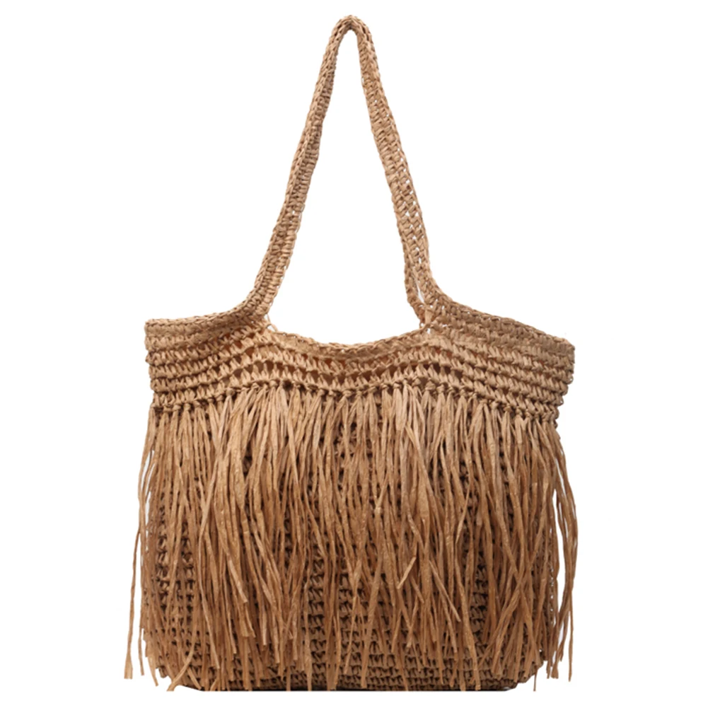 

Women Straw Woven Tote Bag Weave Straw Bag Large Capacity Weaving Shoulder Bag Simple with Tassel for Travel Vacation