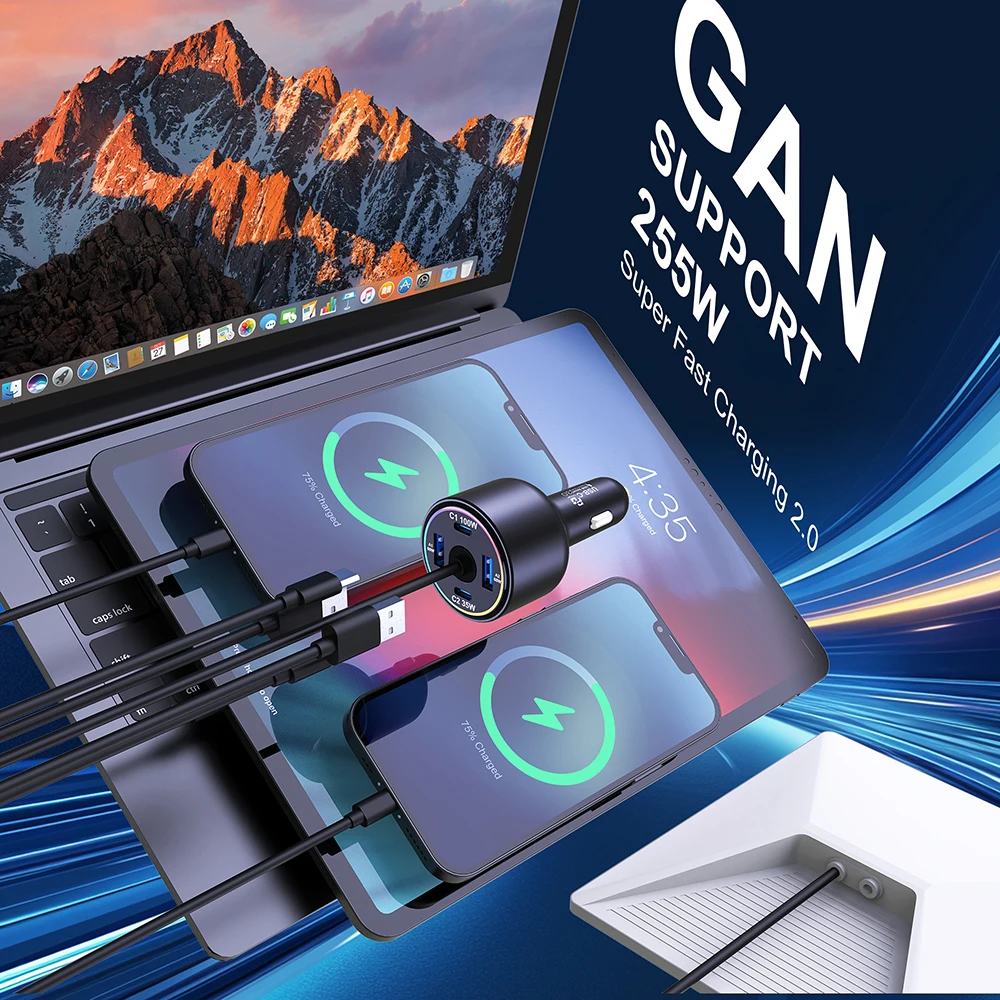 Autoladegerät für Starlink Mini, 255W 5-Port 60W 30V/2A DC-Anschluss & 100W USB-C PD Schnellladung für MacBook Pro iPhone17 Samsung S26 – Detail 5