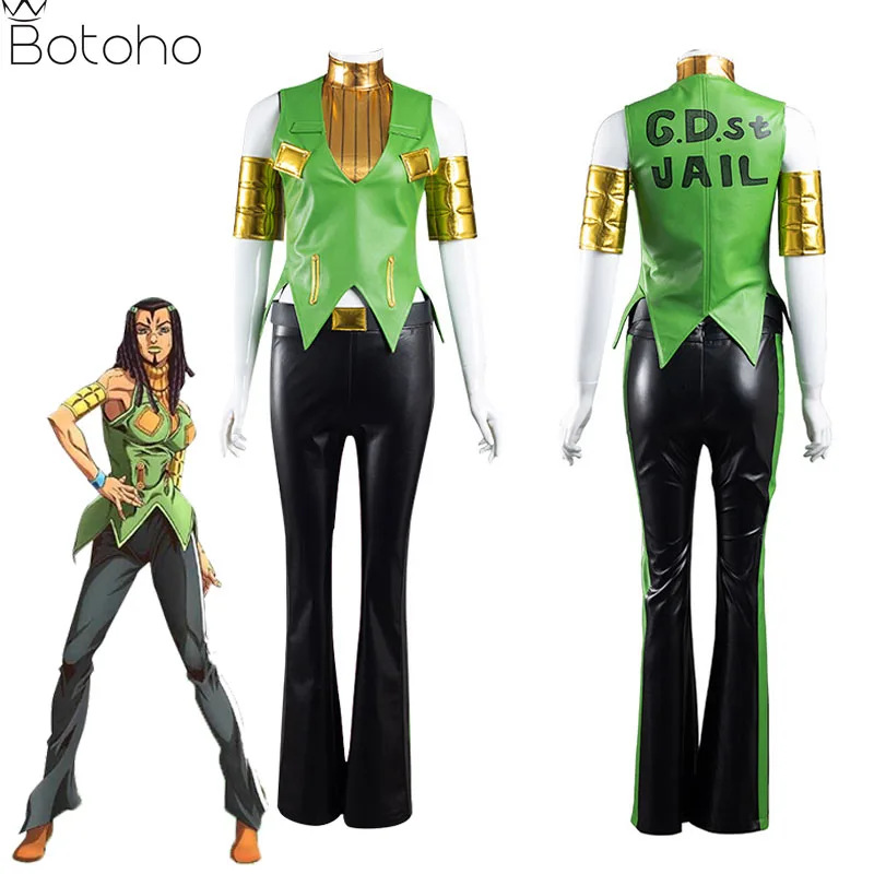 jojo’s Bizzare Adventure Ermes Costello Cosplay Costume Wig Women Sexy Leather Uniform Vest Top Pants Halloween Carnival Clothes