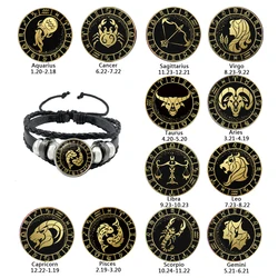 12 Constellation Bracelet Scorpio Sagittarius Capricorn Aquarius Black Rope Leather Button Bracelet Zodiac Jewelry For Gift