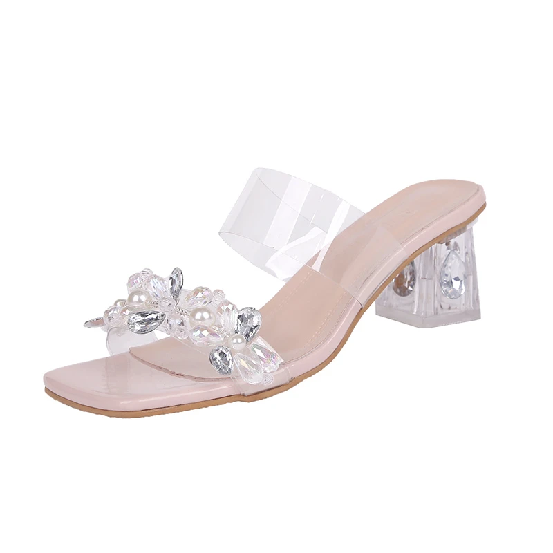 2024 Summer New Square Head Solid Color Transparent Sexy Crystal Heels for Wearing Comfortable Oversized Slippers for Women