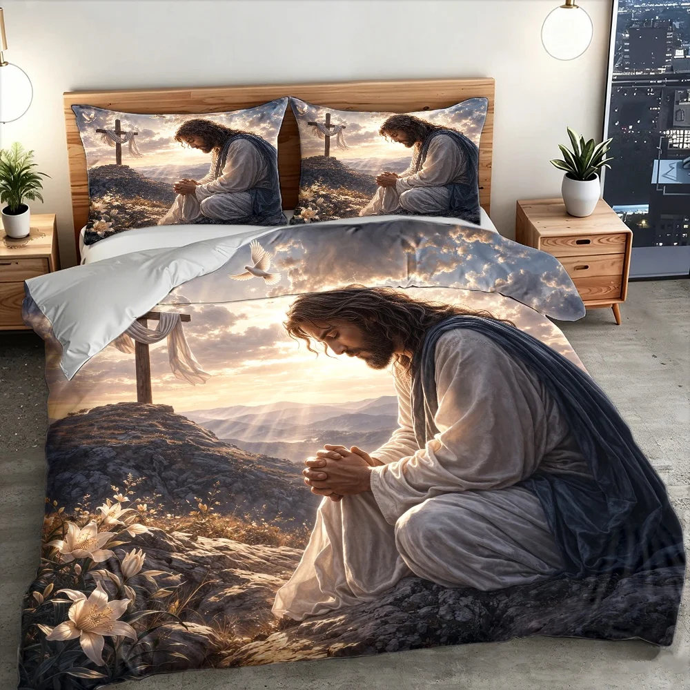 3Pcs Religious Style Jesus Prayer Themed Duvet Cover Set, Bedding 3Pcs Set (1*Duvet Cover + 2*Pillowcases), Suitable for All Sea
