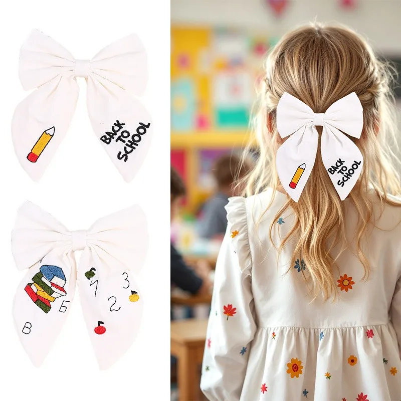 20pc Fable Bow Barrettes for Girls Back to School Hair Clips Letter Pencil Embroidery Hairpins For Kids Girls Hair Accessories