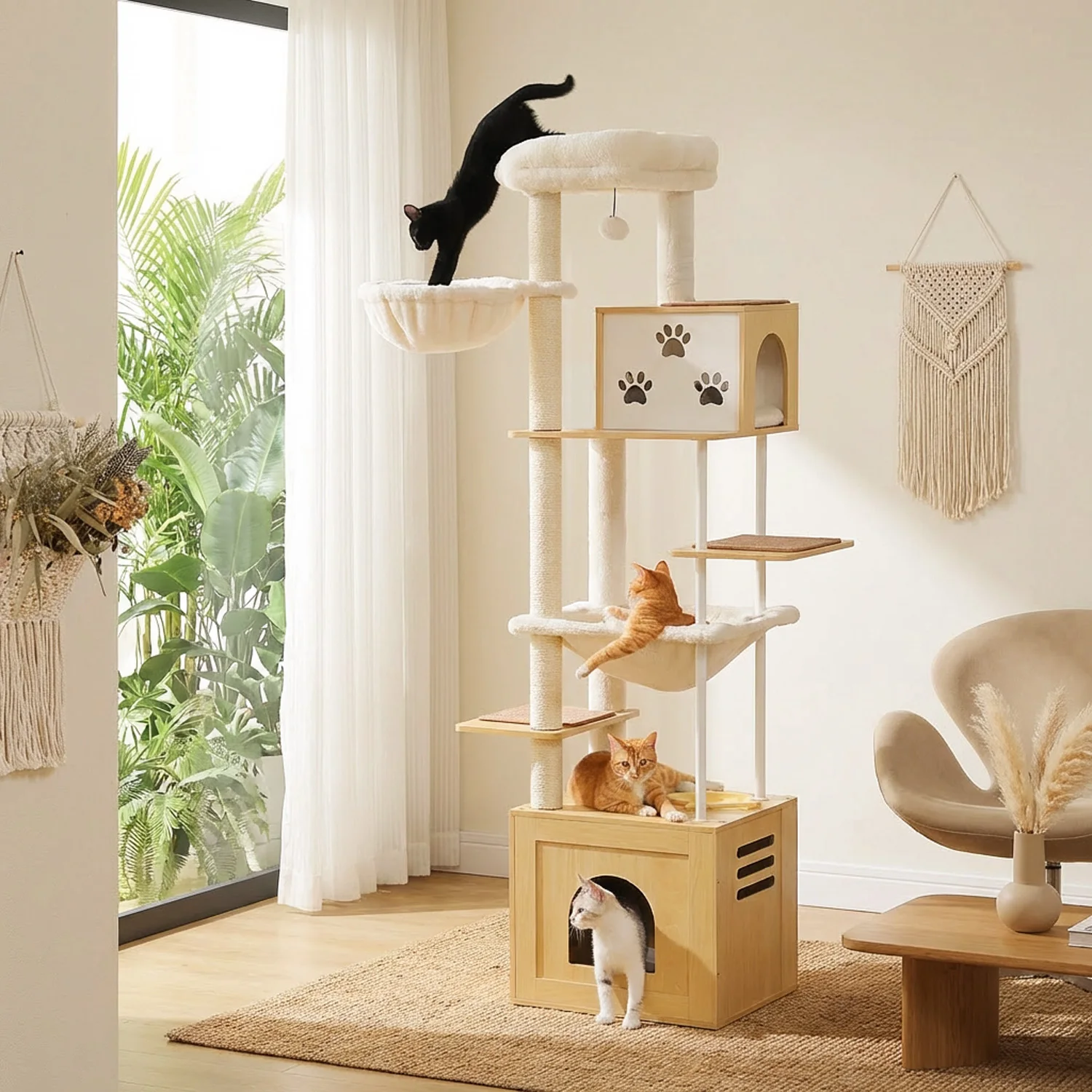 Torre per Gatti in Legno con Cucce e Amache Extra Grandi, Posatoio Spazioso, Tappetino Tiragraffi in Sisal, Albero per Gatti Grande 190 cm con Area per l'Alimentazione