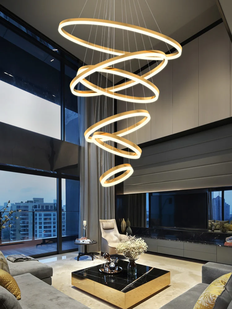 Living Room LED Circular Art Chandelier Modern Minimalist Home Decoration Ceiling Gold Ring Pendant Restaurant Hanging Lamps