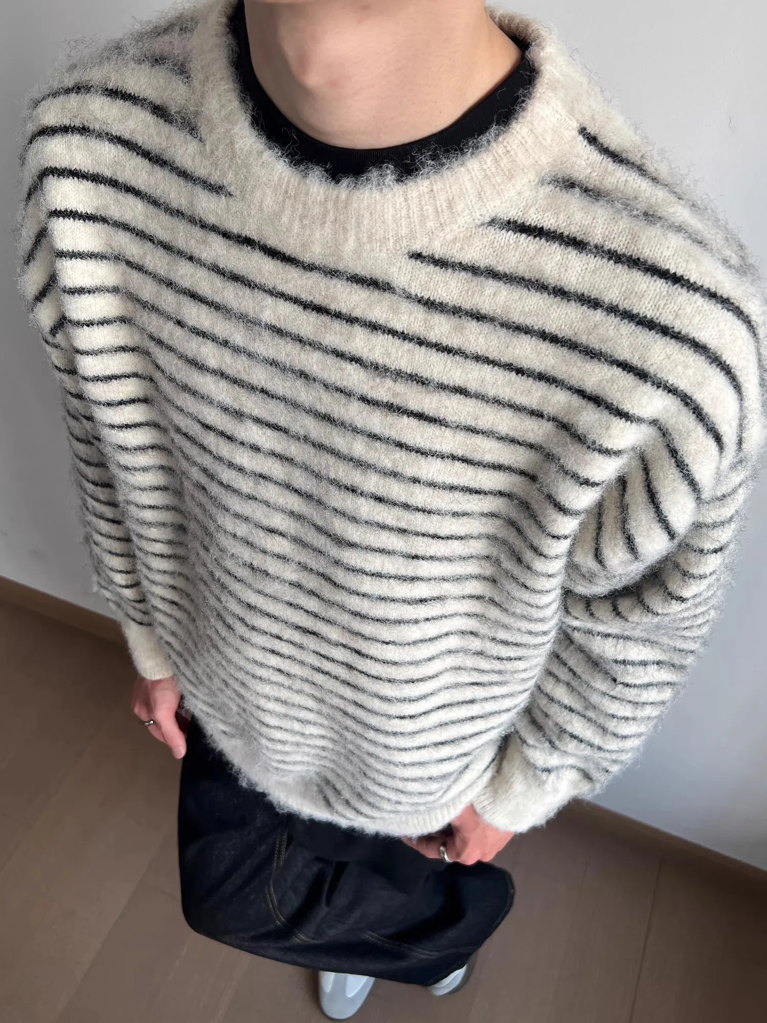 

Retro American Striped Color Block round Neck Sweater Oversize Autumn Winter Versatile Couple Knitted Sweater Trendy Men's Fa...