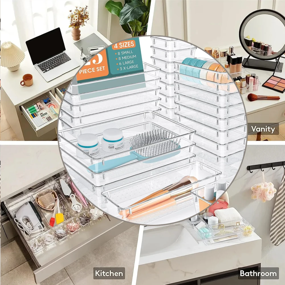 4/7/8/10/13/16/18/21/25pcs Drawer Organizers Set Clear Plastic Desk Dividers Bins Bedroom Dresser Office Storage Box for Cabinet