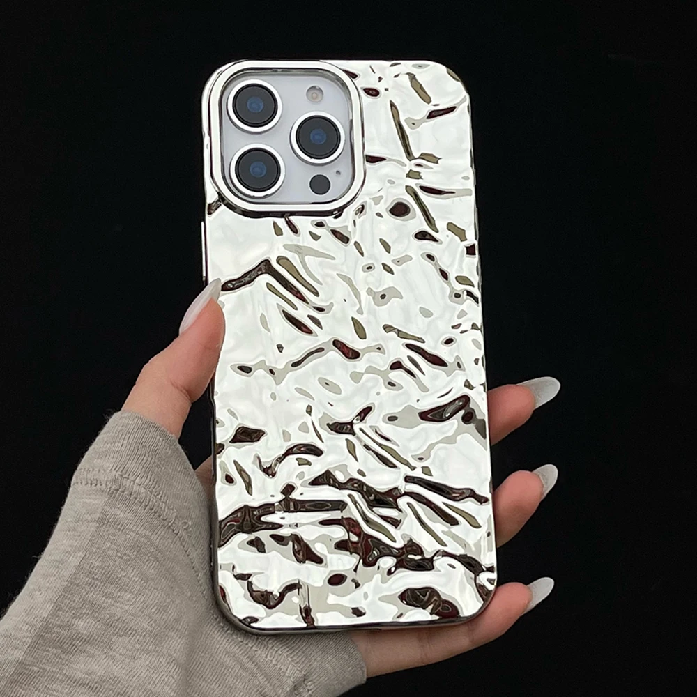 Luxury 3D Tin Foil Fold Pattern Phone Case For iPhone 16 15 14 13 12 11 Pro Max Mini X XS XR Electroplated Soft Silicone Cover