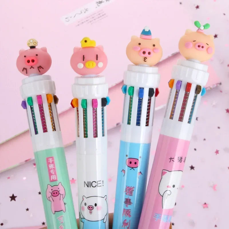 A 12pcs New Pig Ten Color Ball Point Pen Cartoon Student Stationery Cute Multi Color Ball Point Pen B