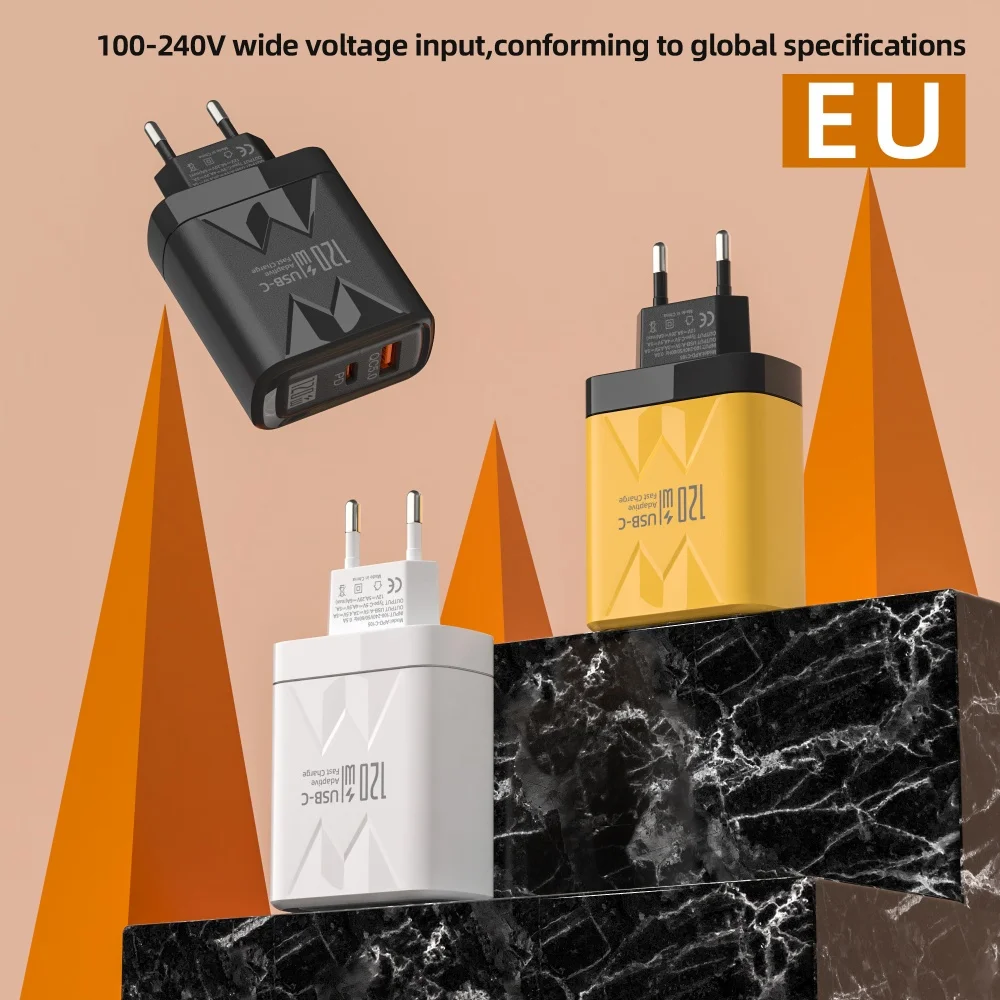 120 واط USB C شاحن سريع PD شاحن سريع QC3.0 الاتحاد الأوروبي/الولايات المتحدة التوصيل الجدار مهايئ شاحن آيفون 16 سامسونج شاومي هواوي Realme Oneplus