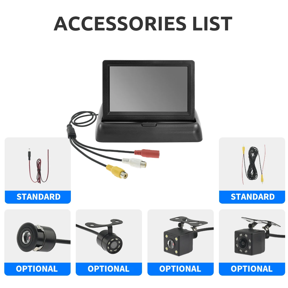 MJDOUD 자동차 후방 카메라 모니터, 접이식 4.3 인치 TFT LCD HD 스크린, 역방향 LED 백업 역방향 카메라, 차량 주차용