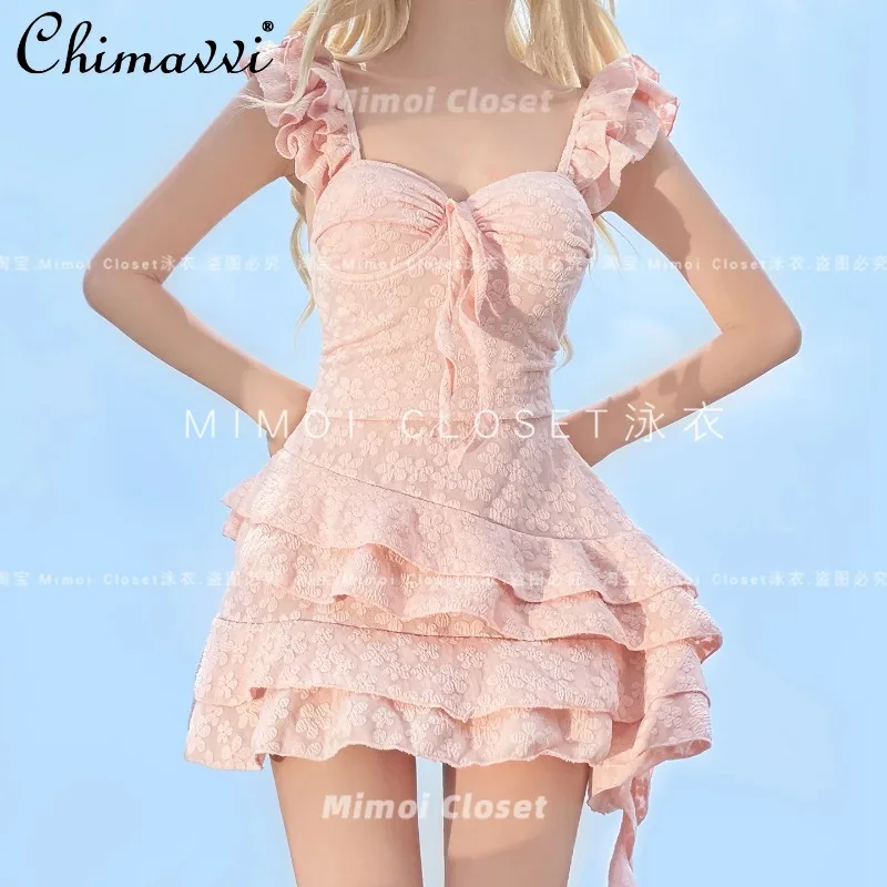 2025 Summer New Cherry Blossom Pink Sexy Pure Desire Girl Skirt Swimsuit Sweet Cute Slim Fit Elegant One-Piece Slimming Swimwear