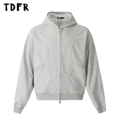Solid Color Spliced Hooded Sweatshirts Mens Zipper Pocket Streetwear Autumn Winter Long Sleeve Hoodies Outerwear Men