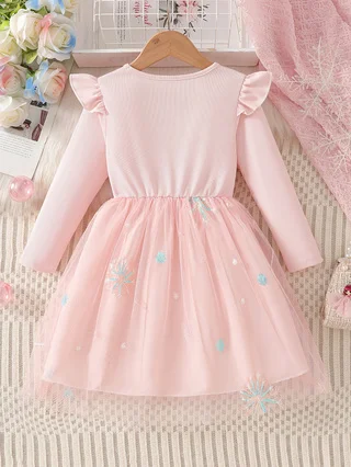 Helles, rosa Tüll-Tutu-Kleid für kleine Mädchen mit Schneeflocken-Stickerei, Rundhalsausschnitt, Rüschenärmel, ideal für festliche Anlässe. – Detail 3