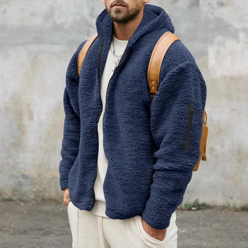 2023 Autumn Winter Casual Loose Fleece Jackets for Men Fluffy Coats Vintage Zipper Hooded Jacket Mens Thick Warm Coat Streetwear